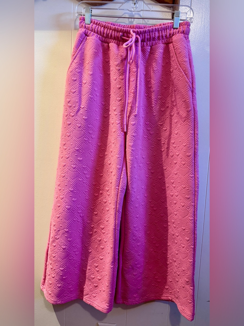 Seen and Be Seen Pink Heart-Textured Wide Leg Sweatpants with Drawstring